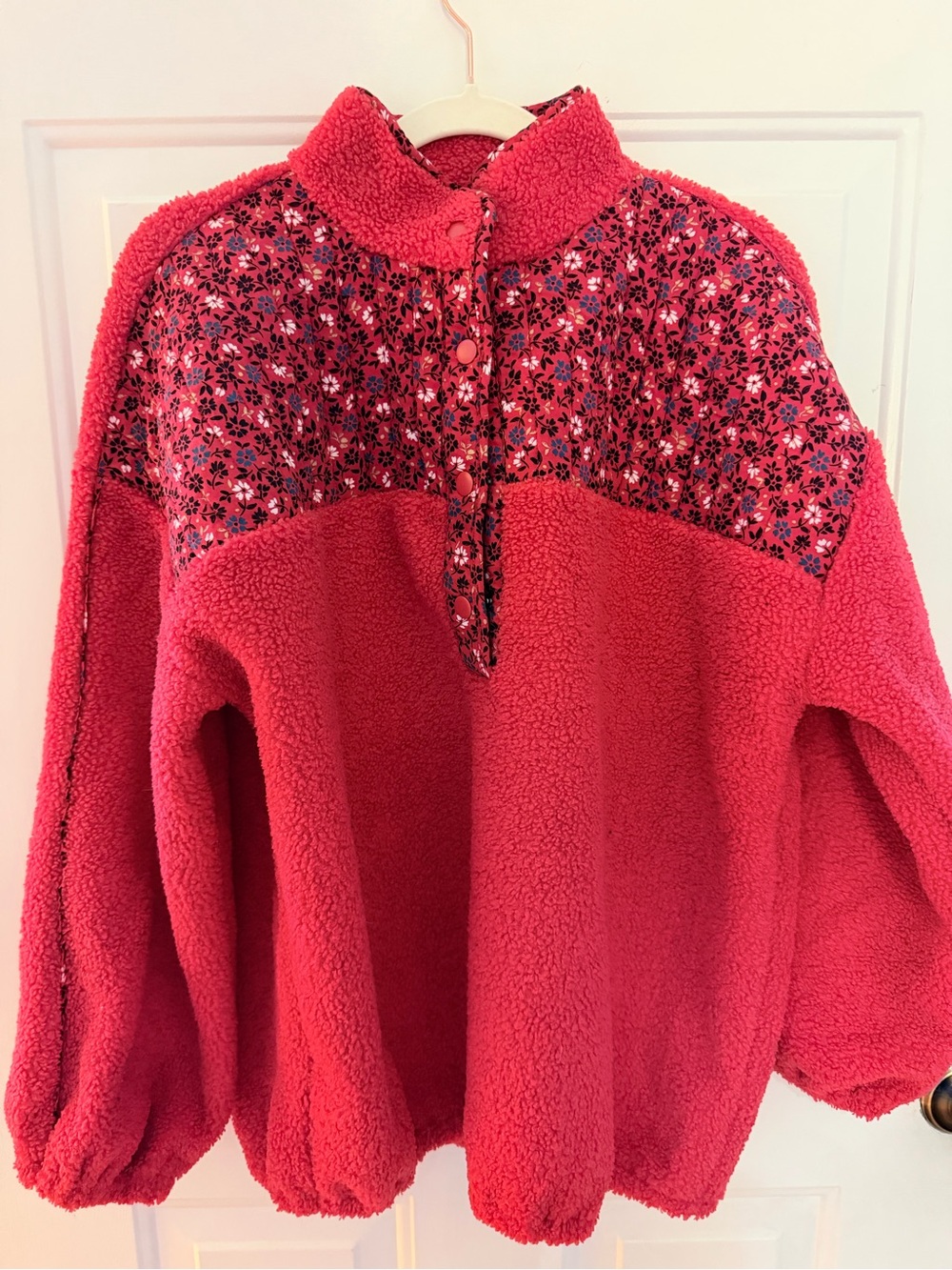 Women’s Red Sherpa Pullover Jacket with Floral Yoke